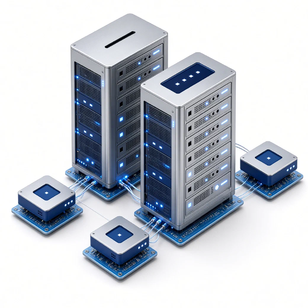 Two server towers wired to edge devices on circuit boards