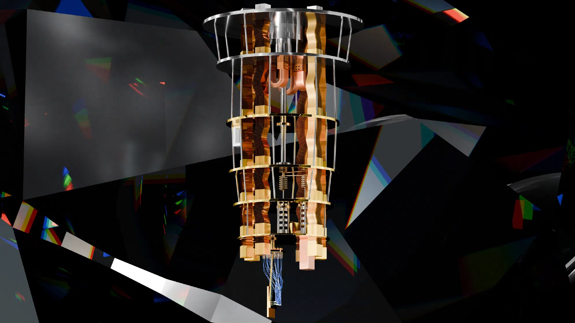 A dilution-refrigerator quantum computer suspended against a dark background